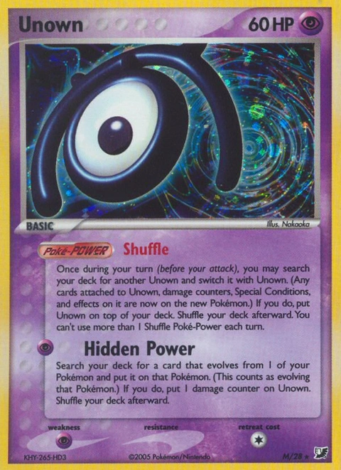 Unown Pokémon card from Unseen Forces, number M (Holo print)