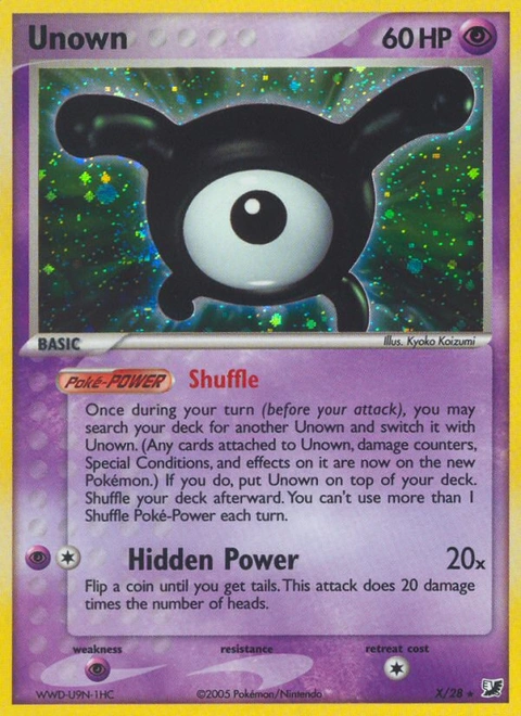 Unown Pokémon card from Unseen Forces, number X (Holo print)