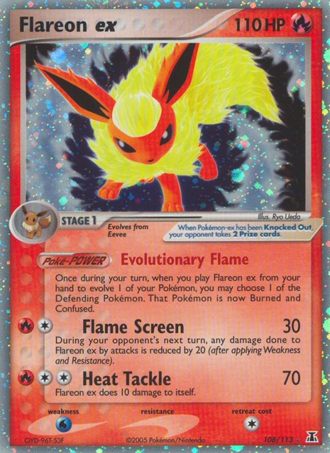 Flareon ex Pokémon card from Delta Species, number 108 (Holo print)