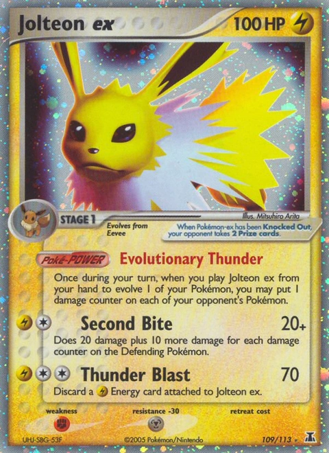 Jolteon ex Pokémon card from Delta Species, number 109 (Holo print)
