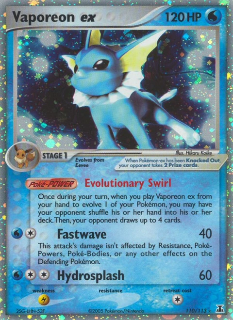 Vaporeon ex Pokémon card from Delta Species, number 110 (Holo print)