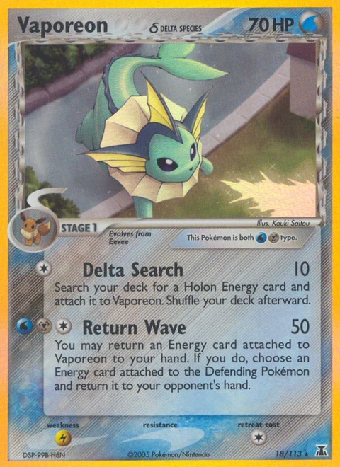 Vaporeon δ Pokémon card from Delta Species, number 18 (Holo print)