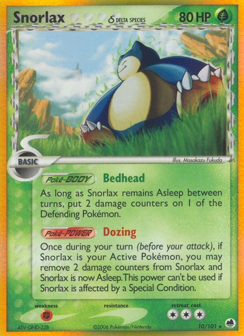 Snorlax δ Pokémon card from Dragon Frontiers, number 10 (Holo print)