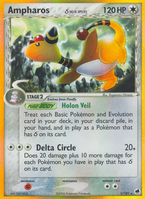Ampharos δ Pokémon card from Dragon Frontiers, number 1 (Holo print)