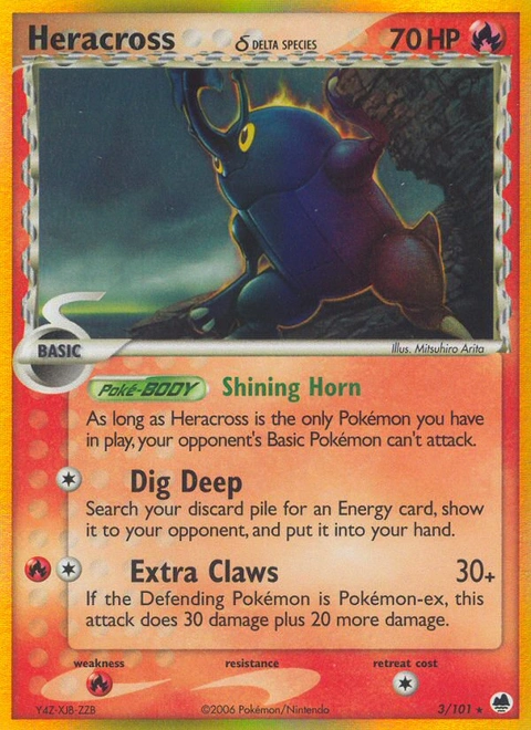 Heracross δ Pokémon card from Dragon Frontiers, number 3 (Holo print)