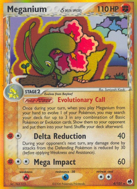 Meganium δ Pokémon card from Dragon Frontiers, number 4 (Holo print)