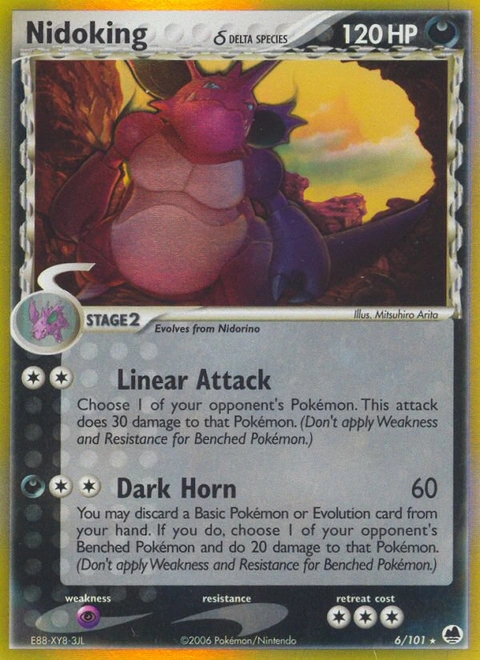 Nidoking δ Pokémon card from Dragon Frontiers, number 6 (Holo print)