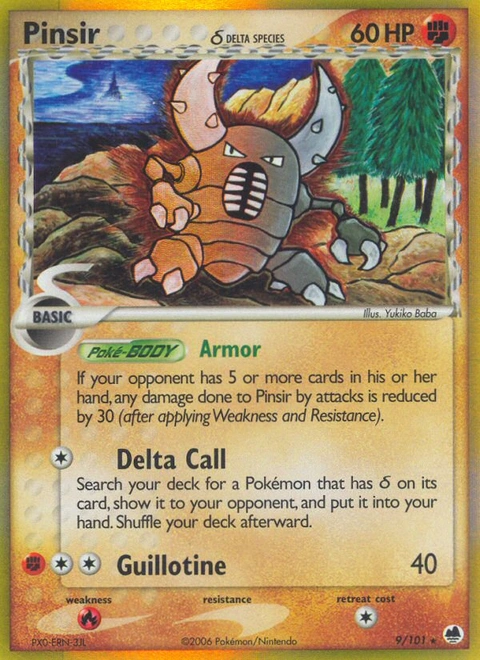 Pinsir δ Pokémon card from Dragon Frontiers, number 9 (Holo print)