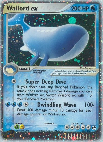 Wailord ex Pokémon card from Sandstorm, number 100 (Holo print)