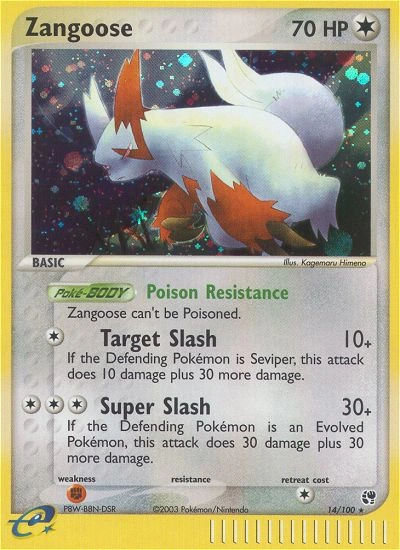 Zangoose Pokémon card from Sandstorm, number 14 (Holo print)