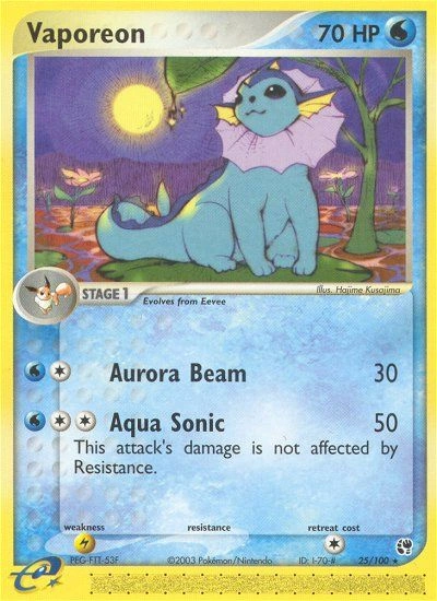 Vaporeon Pokémon card from Sandstorm, number 25 (Standard print)