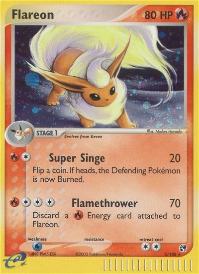 Flareon Pokémon card from Sandstorm, number 5 (Holo print)