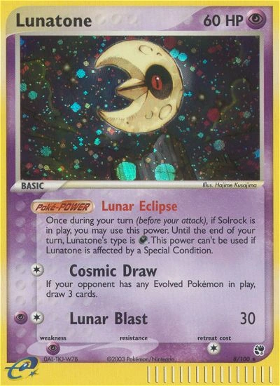 Lunatone Pokémon card from Sandstorm, number 8 (Holo print)