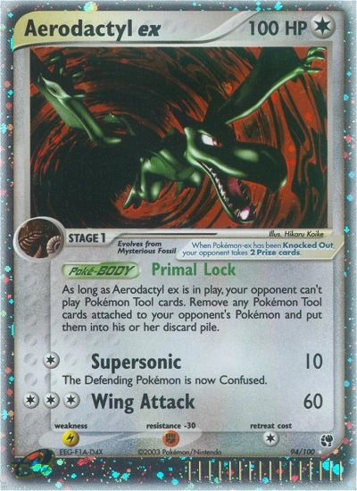 Aerodactyl ex Pokémon card from Sandstorm, number 94 (Holo print)