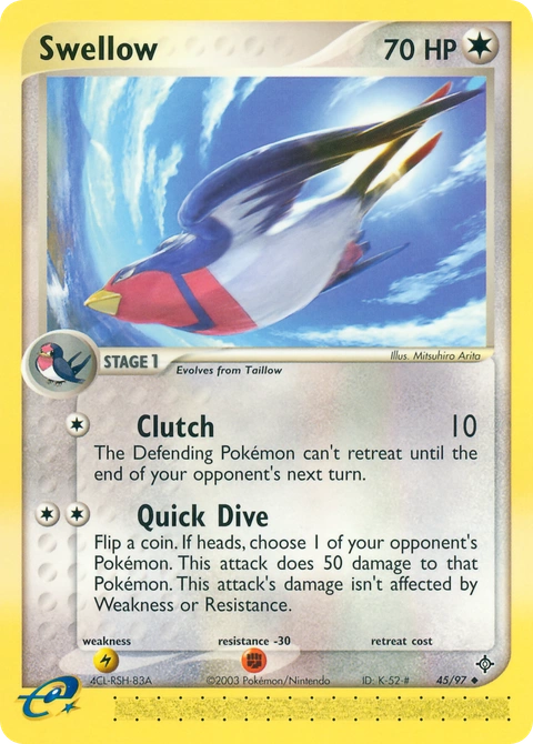 Swellow Pokémon card from Dragon, number 45 (Standard print)