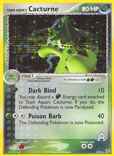 Team Aqua's Cacturne Pokémon card from Team Magma vs Team Aqua, number 1 (Holo print)