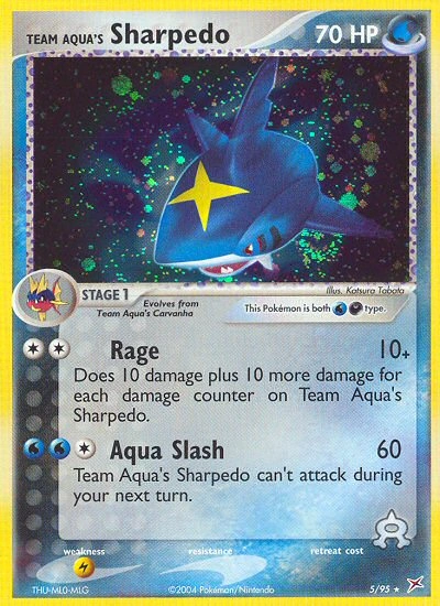 Team Aqua's Sharpedo Pokémon card from Team Magma vs Team Aqua, number 5 (Holo print)