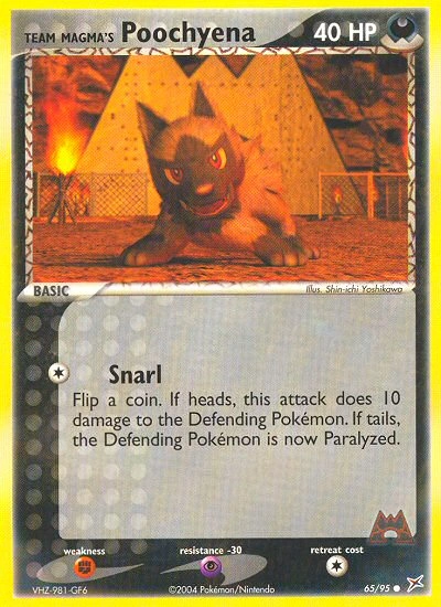 Team Magma's Poochyena Pokémon card from Team Magma vs Team Aqua, number 65 (Standard print)