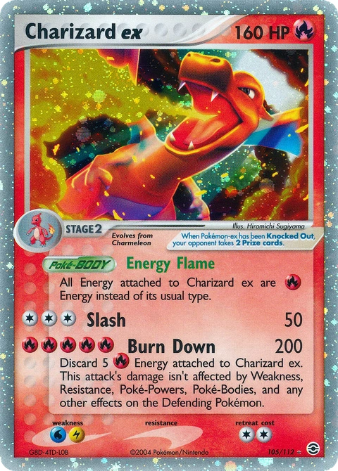 Charizard ex Pokémon card from FireRed & LeafGreen, number 105 (Holo print)