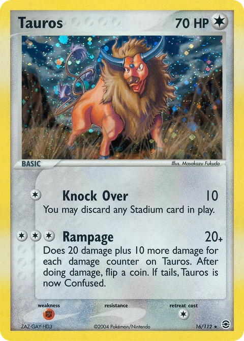 Tauros Pokémon card from FireRed & LeafGreen, number 16 (Holo print)