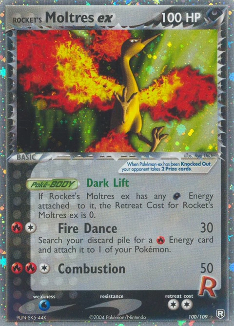 Rocket's Moltres ex Pokémon card from Team Rocket Returns, number 100 (Holo print)