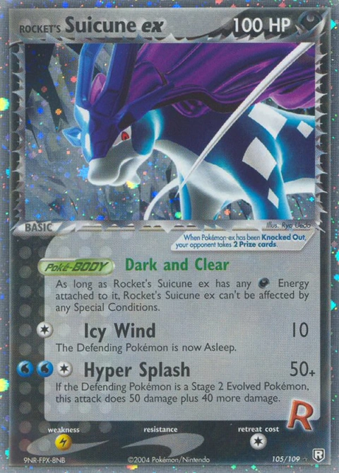 Rocket's Suicune ex Pokémon card from Team Rocket Returns, number 105 (Holo print)