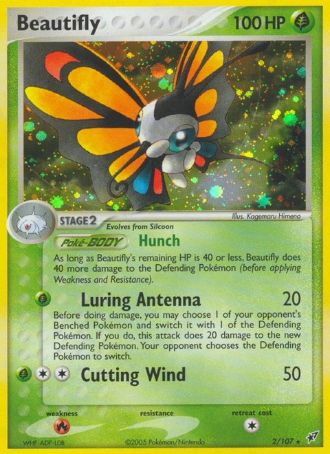 Beautifly Pokémon card from Deoxys, number 2 (Holo print)