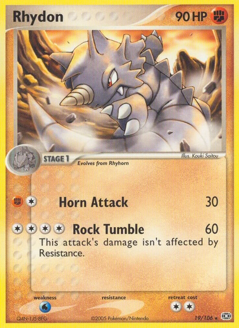Rhydon Pokémon card from Emerald, number 19 (Standard print)