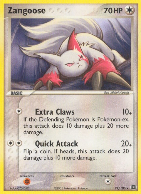 Zangoose Pokémon card from Emerald, number 21 (Standard print)