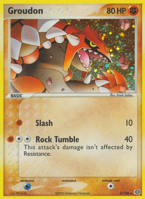 Groudon Pokémon card from Emerald, number 5 (Holo print)