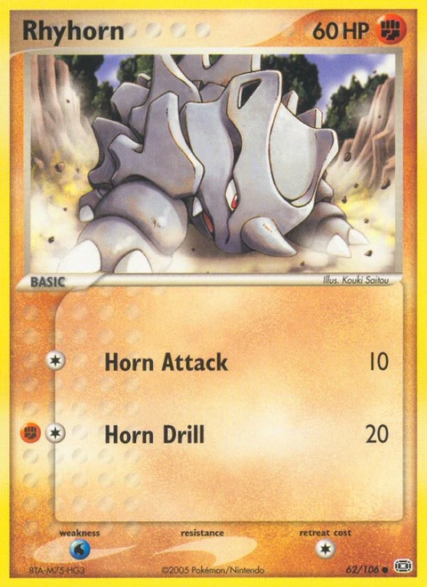 Rhyhorn Pokémon card from Emerald, number 62 (Standard print)