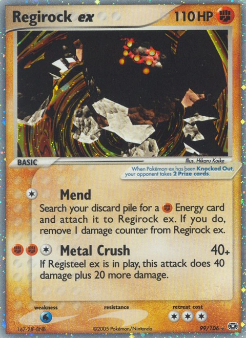 Regirock ex Pokémon card from Emerald, number 99 (Holo print)