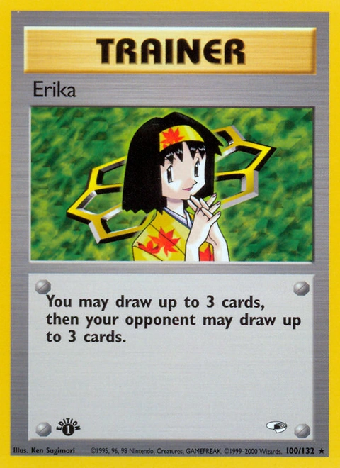 Erika Pokémon card from Gym Heroes, number 100 (1st Edition print)