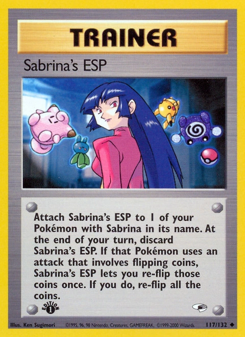 Sabrina's ESP Pokémon card from Gym Heroes, number 117 (1st Edition print)