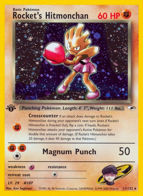 Rocket's Hitmonchan Pokémon card from Gym Heroes, number 11 (1st Edition print)