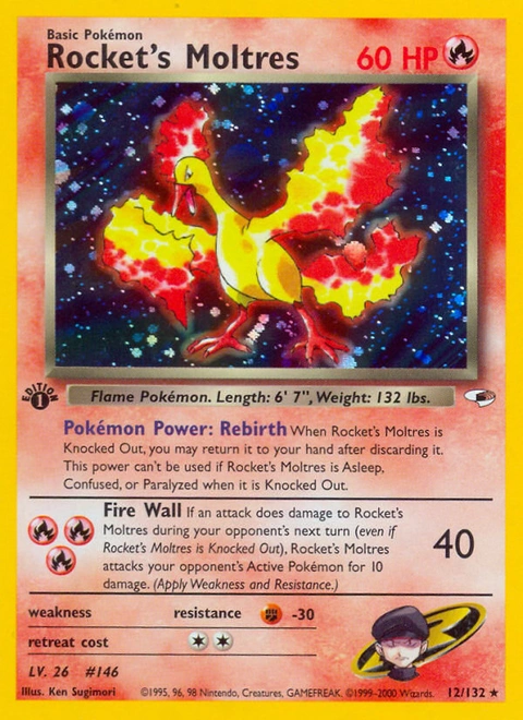 Rocket's Moltres Pokémon card from Gym Heroes, number 12 (1st Edition print)