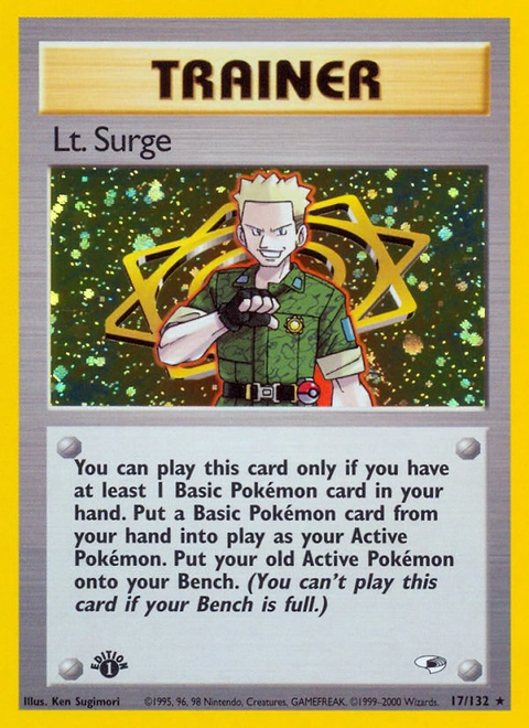 Lt. Surge Pokémon card from Gym Heroes, number 17 (1st Edition print)