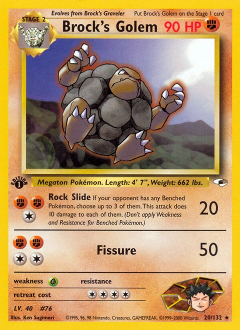 Brock's Golem Pokémon card from Gym Heroes, number 20 (1st Edition print)