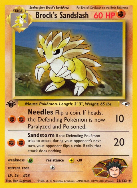 Brock's Sandslash Pokémon card from Gym Heroes, number 23 (1st Edition print)