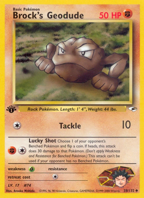 Brock's Geodude Pokémon card from Gym Heroes, number 38 (1st Edition print)