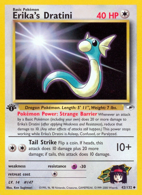 Erika's Dratini Pokémon card from Gym Heroes, number 42 (1st Edition print)