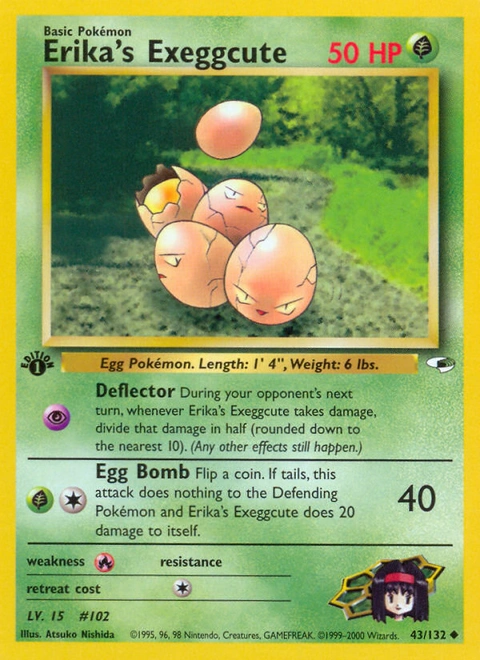 Erika's Exeggcute Pokémon card from Gym Heroes, number 43 (1st Edition print)