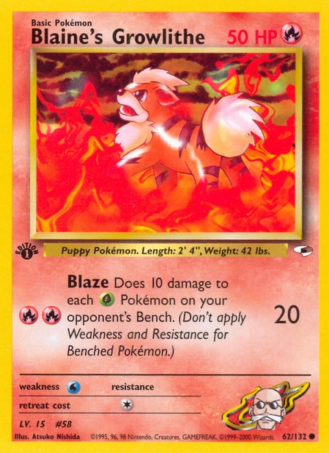 Blaine's Growlithe Pokémon card from Gym Heroes, number 62 (1st Edition print)