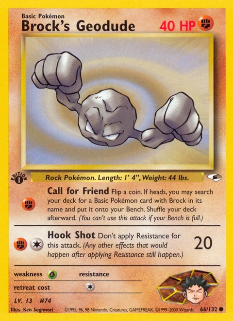 Brock's Geodude Pokémon card from Gym Heroes, number 66 (1st Edition print)