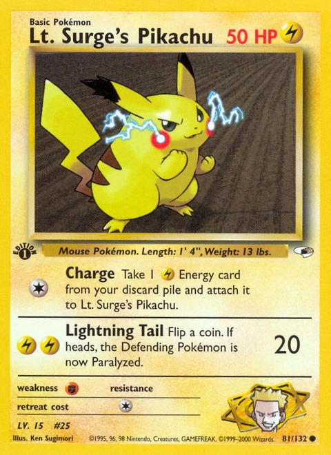 Lt. Surge's Pikachu Pokémon card from Gym Heroes, number 81 (1st Edition print)