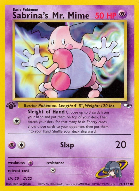 Sabrina's Mr. Mime Pokémon card from Gym Heroes, number 94 (1st Edition print)
