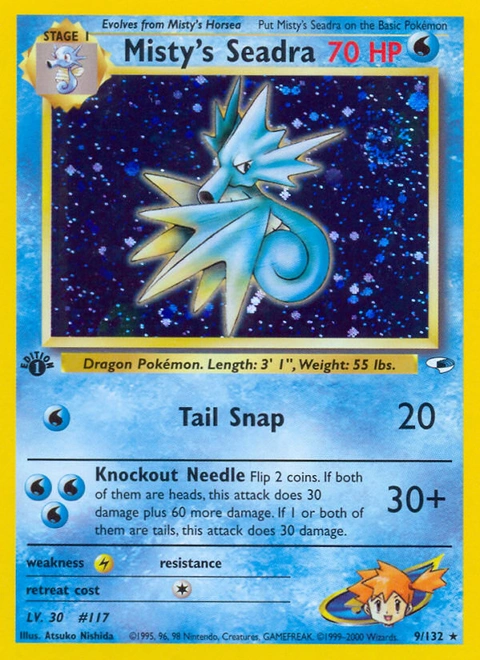Misty's Seadra Pokémon card from Gym Heroes, number 9 (1st Edition print)