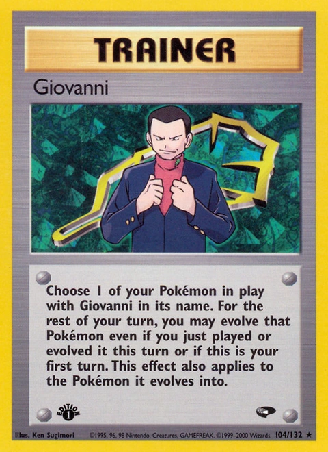 Giovanni Pokémon card from Gym Challenge, number 104 (1st Edition print)