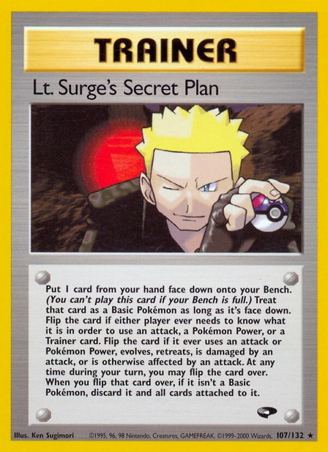 Lt. Surge's Secret Plan Pokémon card from Gym Challenge, number 107 (1st Edition print)