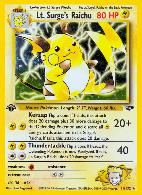 Lt. Surge's Raichu Pokémon card from Gym Challenge, number 11 (1st Edition print)